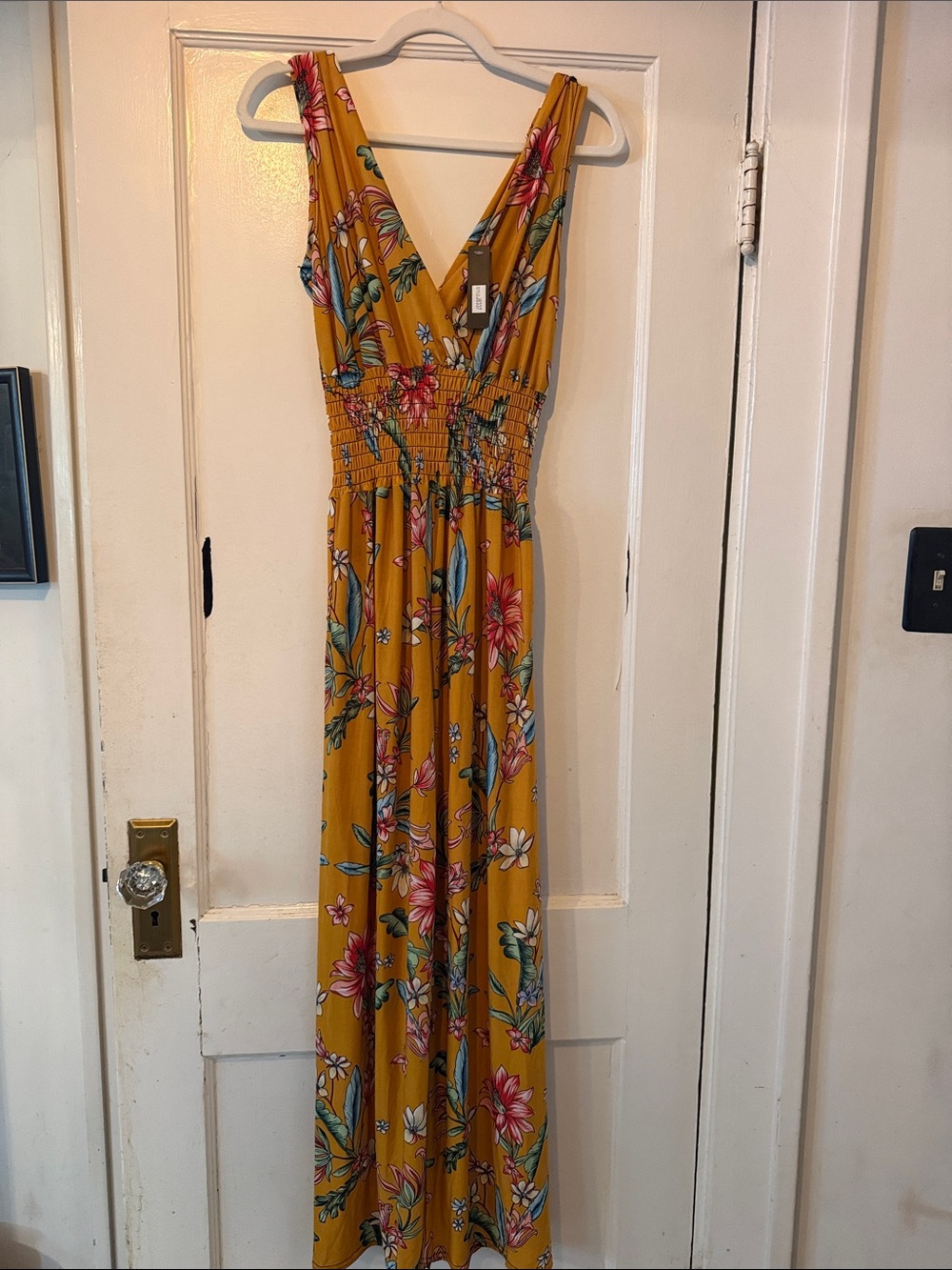 Floral V-Neck Maxi Jumpsuit in Mustard Yellow